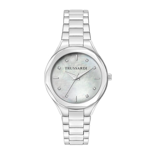 Alt Tag: TRUSSARDI MOD. SMALL ladies wristwatch, 32 mm silver case, quartz movement, mother of pearl dial.