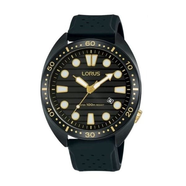 LORUS Mod. SPORTS wristwatch with black SS IP case, silicone strap, quartz movement, and 10 ATM water resistance.