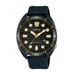 LORUS Mod. SPORTS wristwatch with black SS IP case, silicone strap, quartz movement, and 10 ATM water resistance.