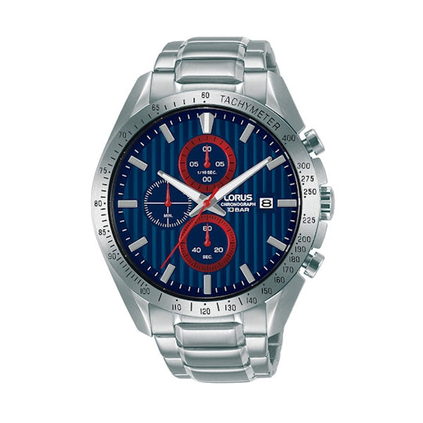 LORUS Mod. SPORTS wristwatch with stainless steel case and strap, quartz movement chronograph, tachymeter, and mineral dial, 10 ATM water resistance.
