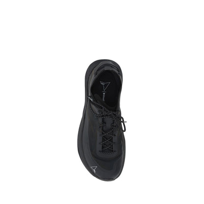 Top view of ROA Black Rubber Athletic Sneakers with reinforced round toe and tubular laces for secure fit.