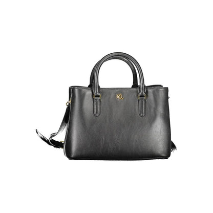 Ralph Lauren Black Leather Handbag with two handles, adjustable shoulder strap, logo, and multiple compartments.
