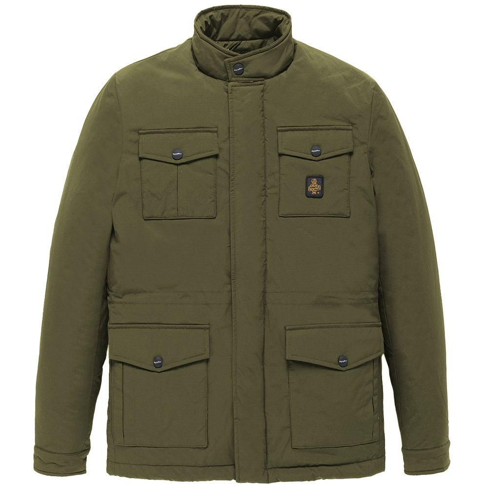 Refrigiwear Green Nylon Men Jacket With Four Pockets featuring durable rip-stop nylon and PrimaLoft RISE thermal padding for ultimate warmth.