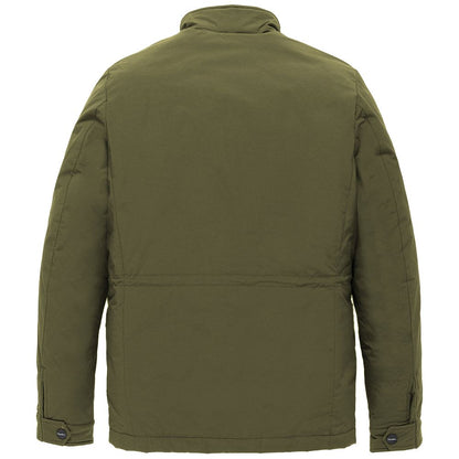 Back view of Refrigiwear Green Nylon Men Jacket With Four Pockets, showcasing durable design and sleek silhouette.