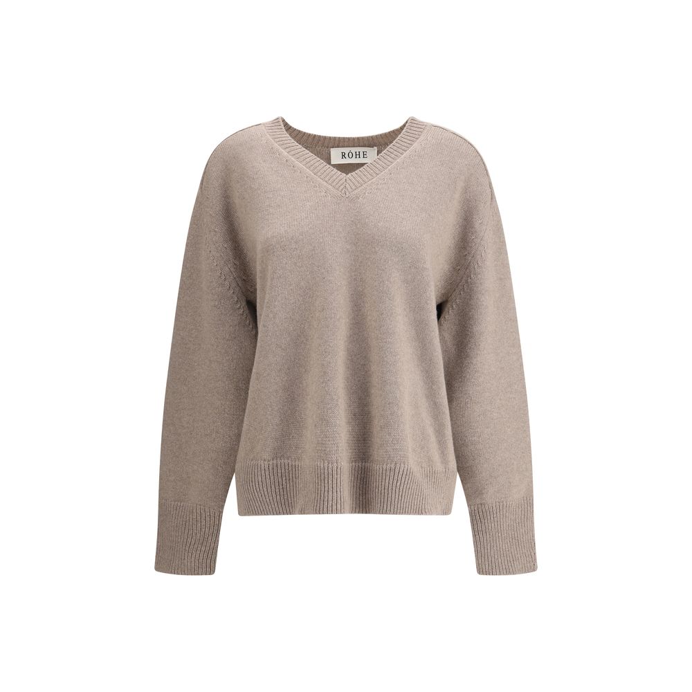 Rohe Beige Wool Sweatshirt with ribbed V-neckline and hem, featuring cut-out sleeve detail for a contemporary look.
