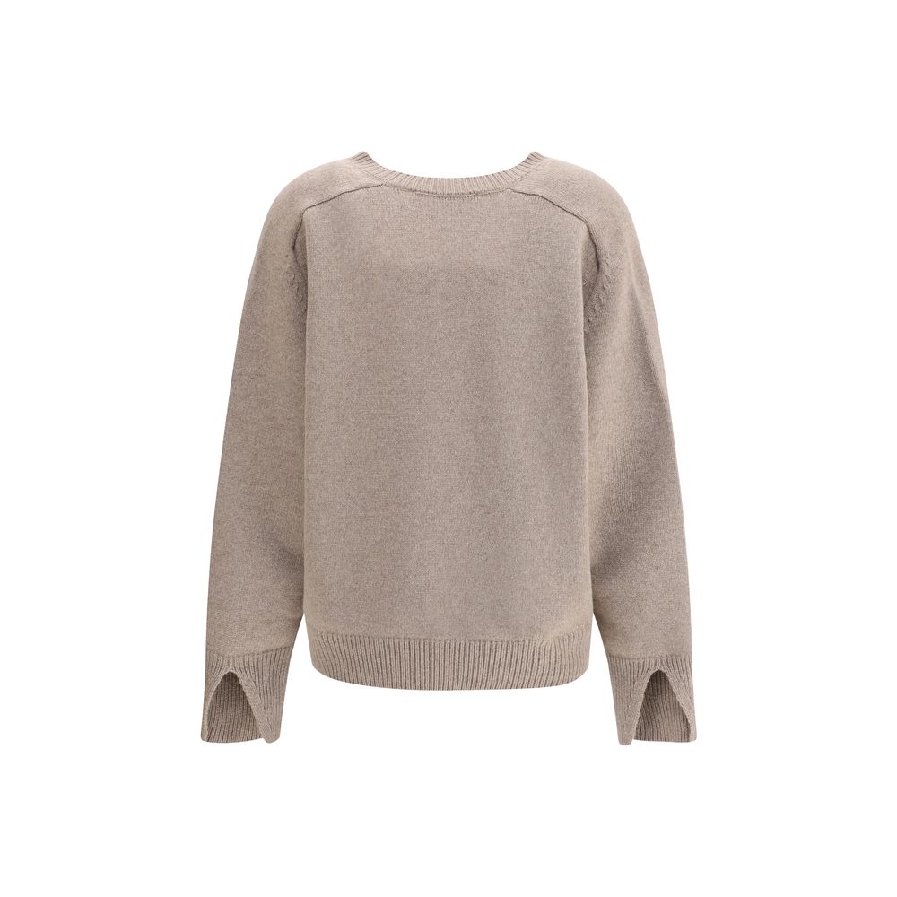 Rohe Beige Wool Sweatshirt with ribbed V-neck, slits at cuffs, and contemporary cut-out sleeve detail. Perfect for minimal refined style.