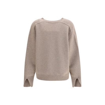 Rohe Beige Wool Sweatshirt with ribbed V-neck, slits at cuffs, and contemporary cut-out sleeve detail. Perfect for minimal refined style.