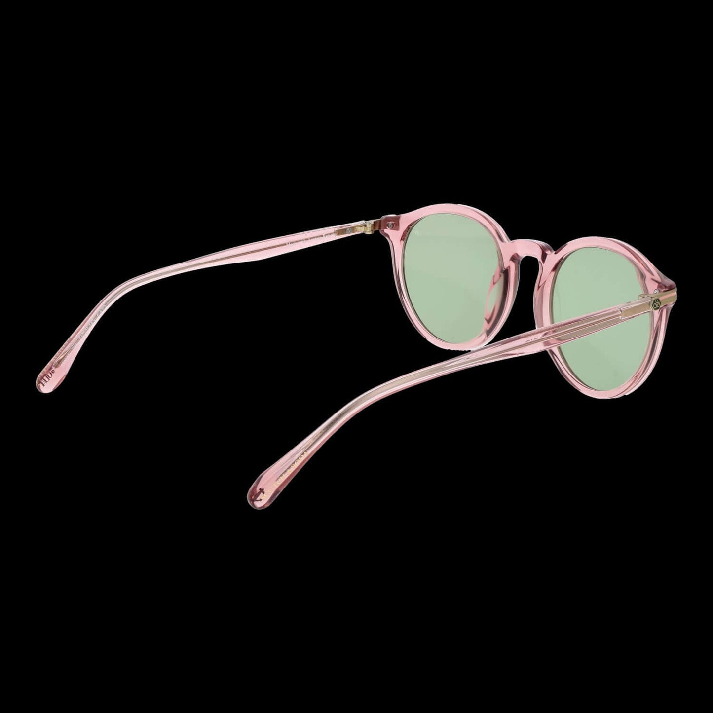 Pink sunglasses with green lenses, SCOTCH & SODA MOD. SS8023 51298, for gents. Side view of stylish eyewear against black background.