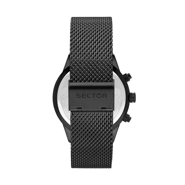 SECTOR Mod. 670 men's wristwatch with quartz movement and 45 mm silver case, back view showing multifunction features.