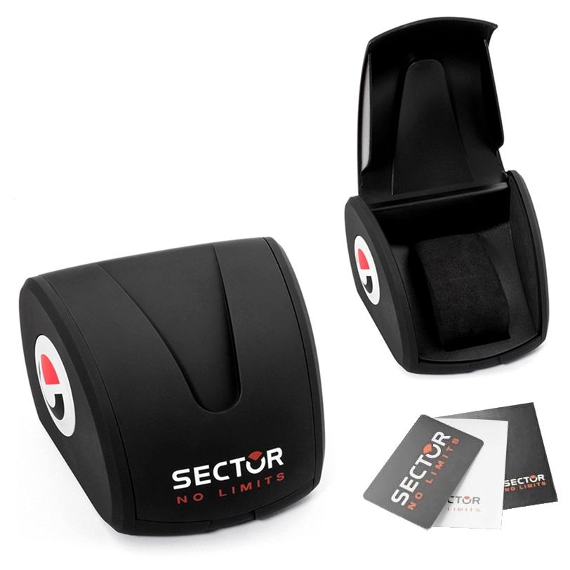 SECTOR Mod. 670 wristwatch packaging, black case with logo, includes manual and warranty cards, designed for the 45mm silver gent's watch.