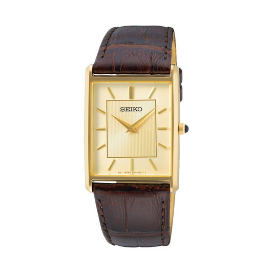 SEIKO WATCHES Mod. SWR064P1 - Elegant gold rectangular case with brown leather strap