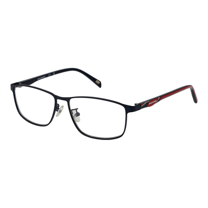 Black and red rectangle eyeglasses with metal frame and clear lenses, emphasizing style and durability.