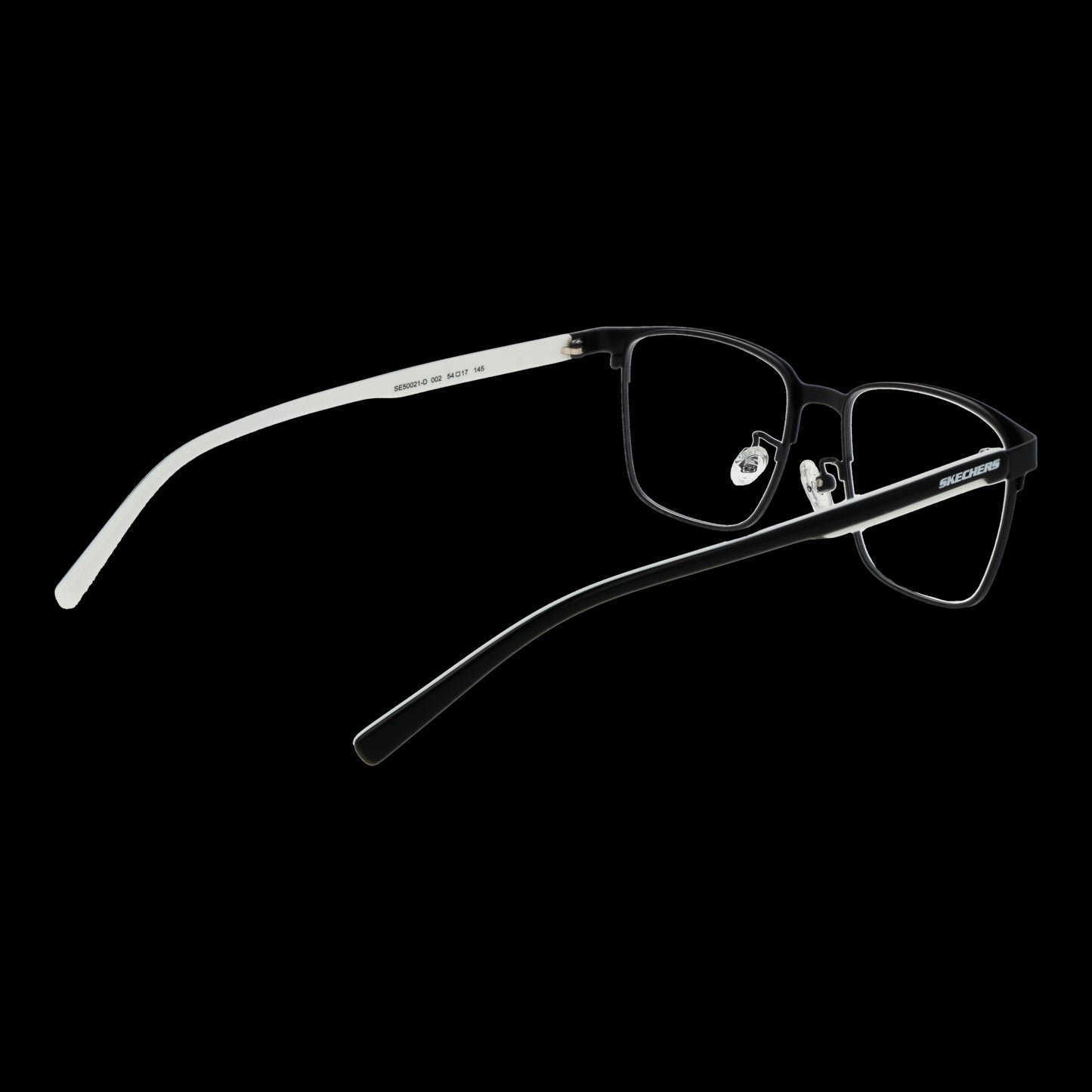 SKECHERS MOD. SE50021-D 54002 stylish gent eyeglasses, black frame with clear lenses, side view against black background.