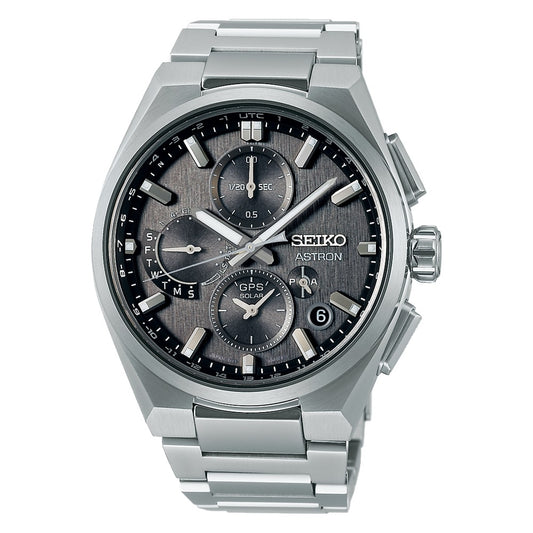SEIKO ASTRON Mod. SOLAR GPS wristwatch in titanium with sapphire dial, showcasing multifunction design and solar movement.