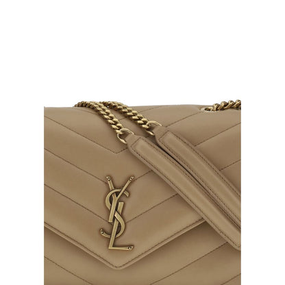 Saint Laurent Beige Calf Leather Bos Taurus Shoulder Bag with quilted design and brass logo detail.