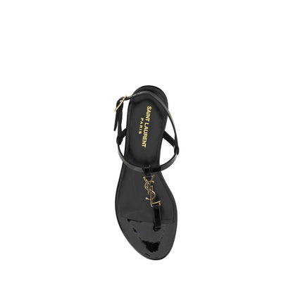 Top view of Saint Laurent Black Calf Leather Bos Taurus Flat Sandals with ankle strap and monogram detail, made in Italy.