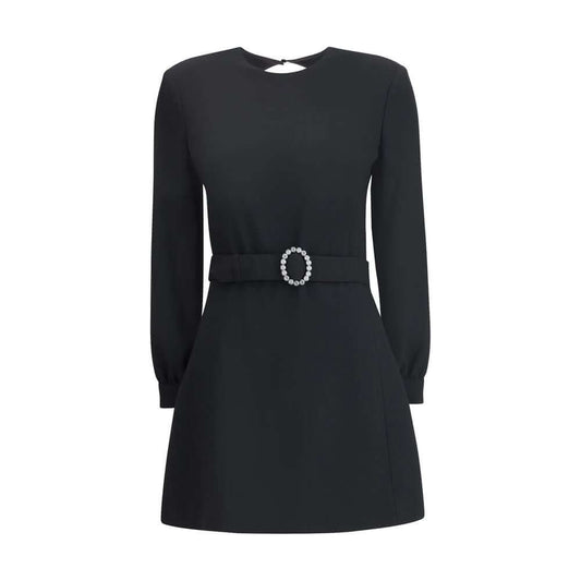 Saint Laurent Black Viscose Cocktail Dress with padded shoulders, round neckline, and elegant design for special occasions.