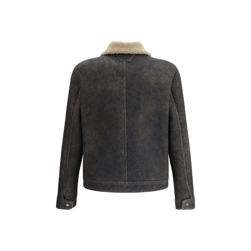 Back view of Salvatore Santoro Gray Lamb Ovis Aries Aries Coat with shearling lining and snap closure.