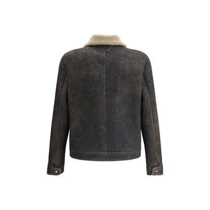 Back view of Salvatore Santoro Gray Lamb Ovis Aries Aries Coat with shearling lining and snap closure.