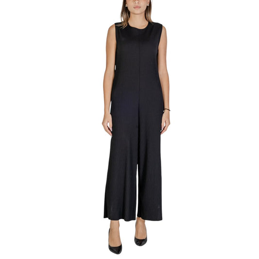 Sandro Ferrone Black Polyester Jumpsuit with sleeveless design, wide-leg cut, and round neckline for a sophisticated contemporary look.