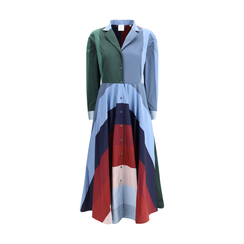 Sara Roka Multicolor Polyester Casual Dress with geometric color block pattern and button closure, featuring a tailored elegant silhouette.