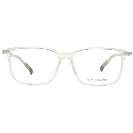 Scotch & Soda Transparent Men Glasses Frame, full-rim acetate with demo lenses, rectangle style, includes branded case, no protection.