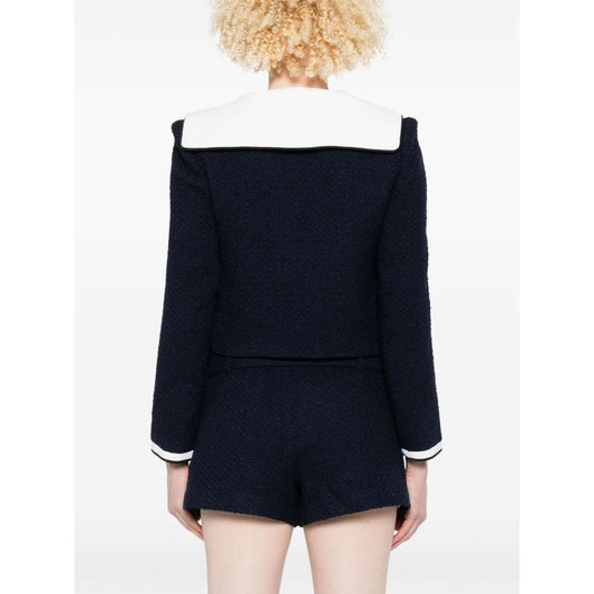 Back view of Self-portrait Jackets Blue - navy blue Bouclé short jacket with contrasting collar and stripe trim, size 8.