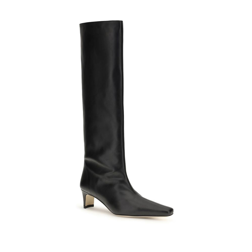 Alt Tag: Staud Black Calf Leather Bos Taurus Boots with sleek silhouette, tapered toe, slim kitten heel, and above-knee height.
