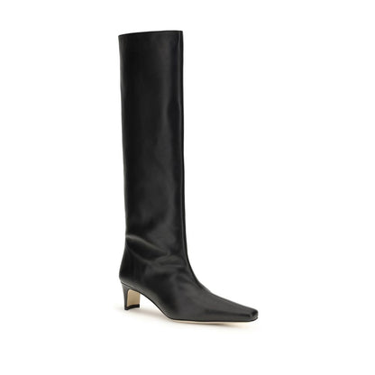 Alt Tag: Staud Black Calf Leather Bos Taurus Boots with sleek silhouette, tapered toe, slim kitten heel, and above-knee height.
