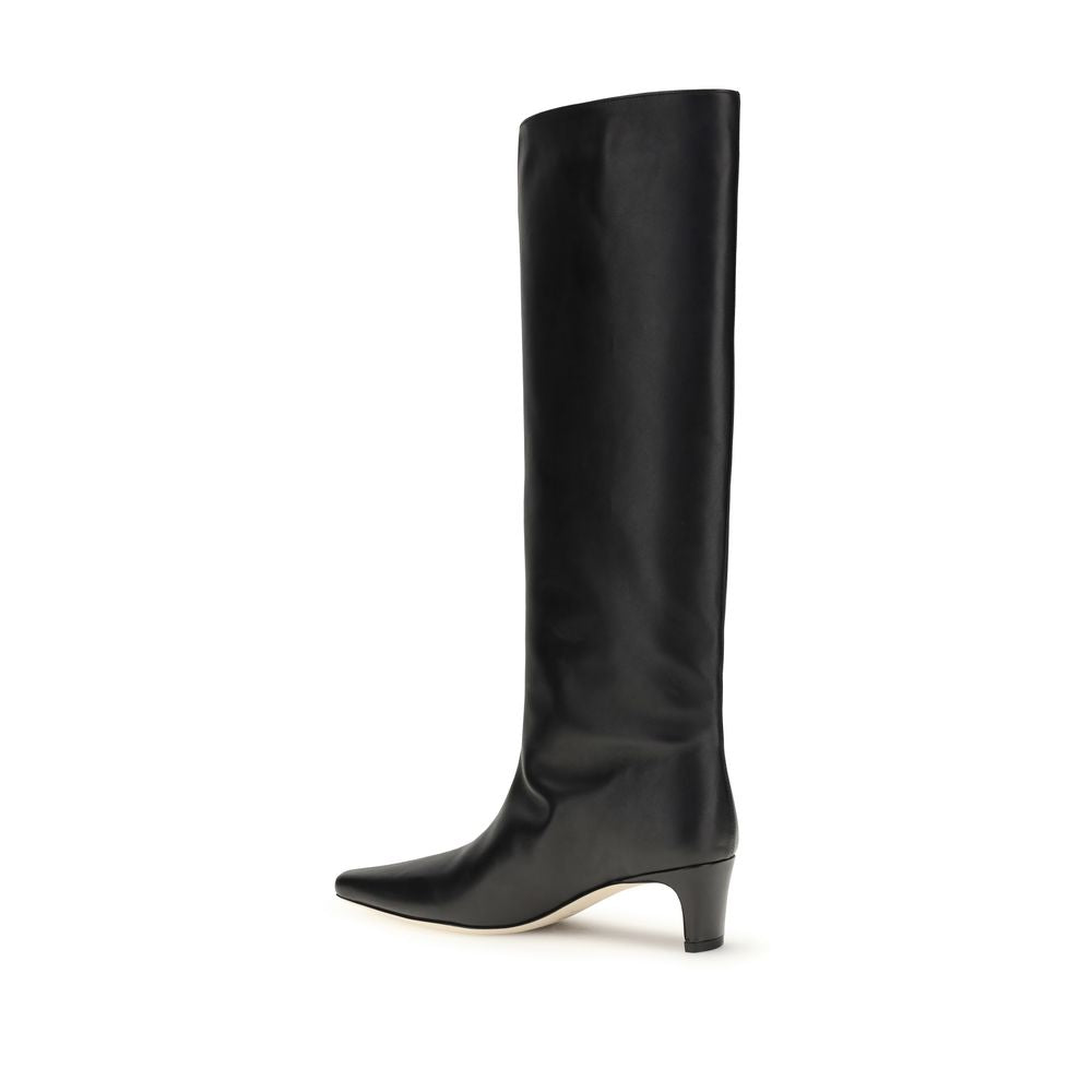 Side view of Staud Black Calf Leather Bos Taurus Boots with sleek silhouette, tapered toe, and slim kitten heel, above-the-knee style.