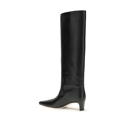 Side view of Staud Black Calf Leather Bos Taurus Boots with sleek silhouette, tapered toe, and slim kitten heel, above-the-knee style.