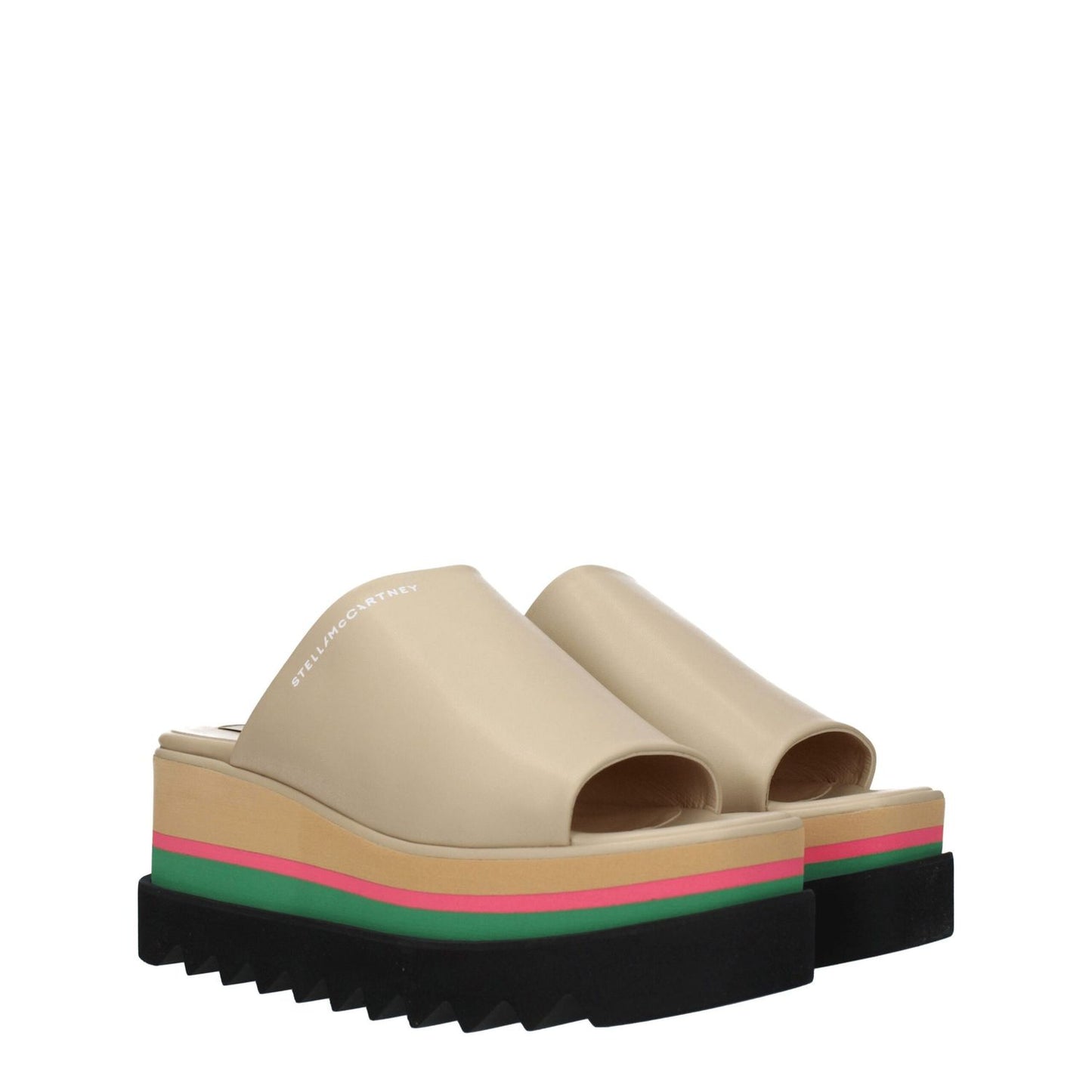Stella McCartney Beige Leather Slippers with open toe, eco leather, wedge heel, and side logo. Casual footwear with rubber sole.