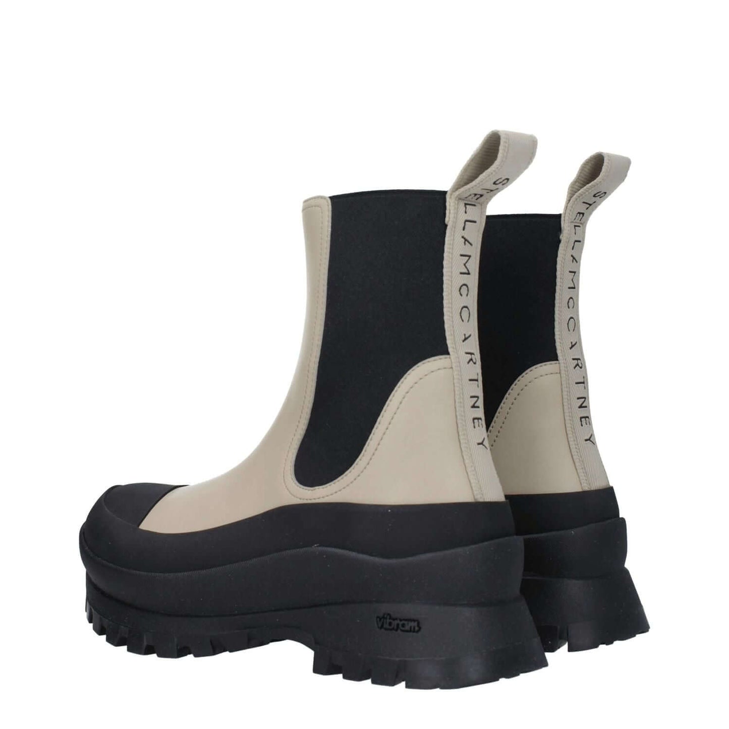 Stella McCartney Black Leather Ankle Boots with rubber sole and back logo, eco leather, round toe, mid heels, taupe secondary color