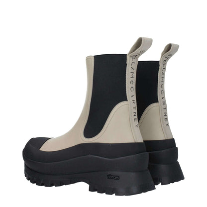 Stella McCartney Black Leather Ankle Boots with rubber sole and back logo, eco leather, round toe, mid heels, taupe secondary color