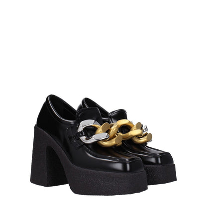 Stella McCartney Black Leather Platform Loafers with front detail and high heel, featuring eco leather and rubber sole.