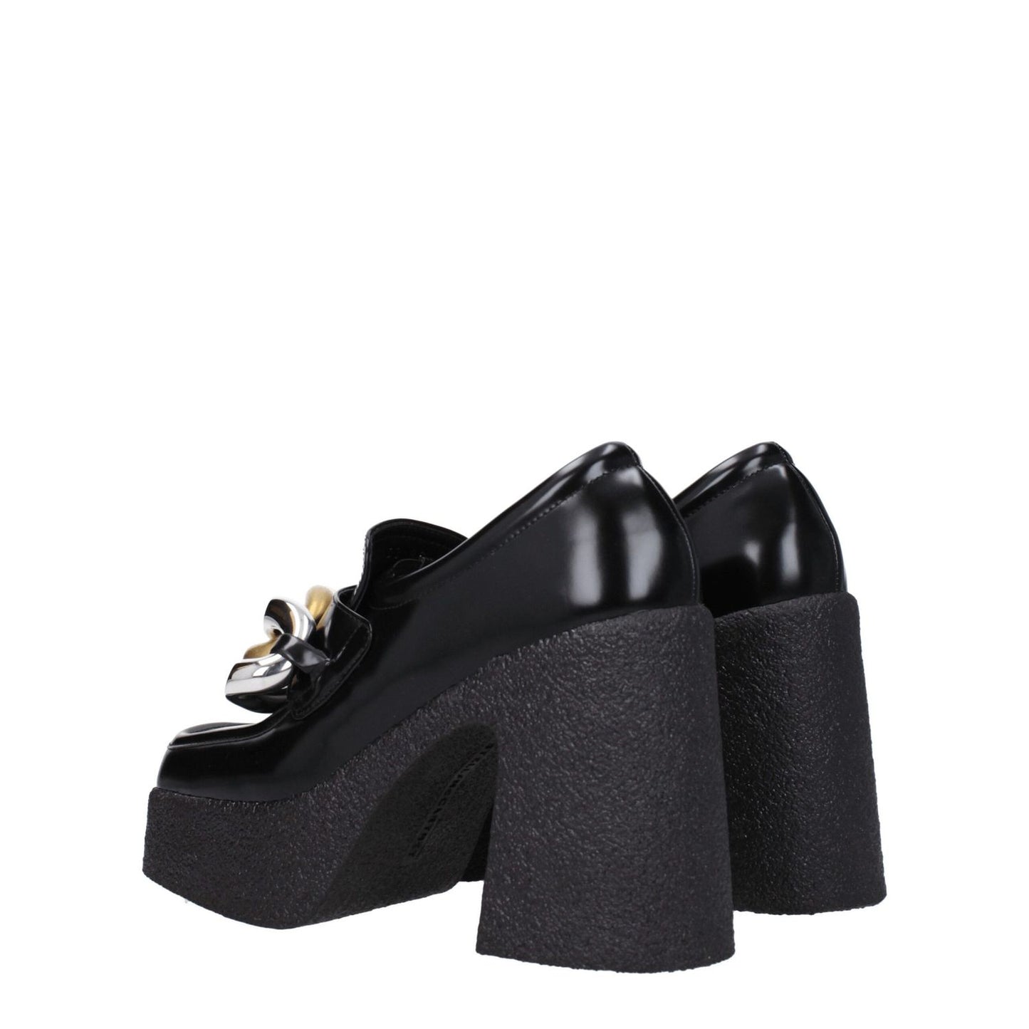 Stella McCartney Black Leather Platform Loafers with front detail, vintage effect, high heel, and eco leather, square toe design.