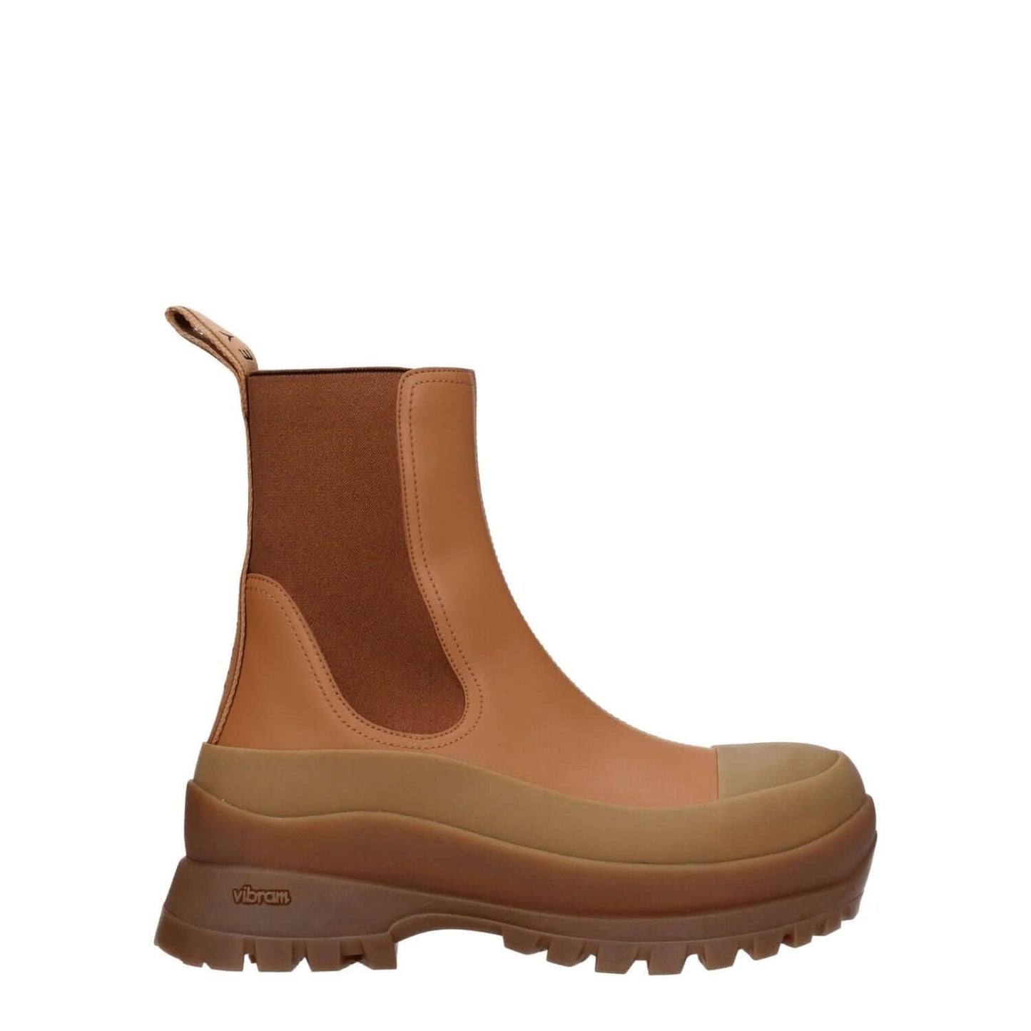 Stella McCartney Brown Leather Ankle Boots with eco leather, rubber sole, mid heels, back logo, round toe design, casual style.