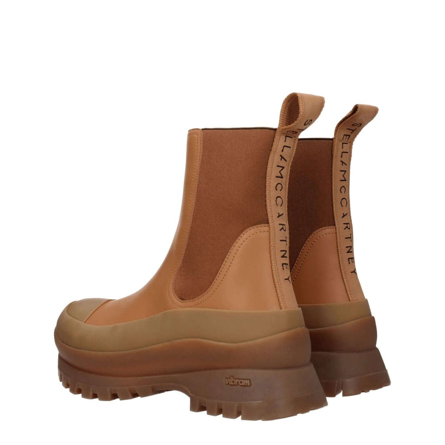 Stella McCartney Brown Leather Ankle Boots with eco leather and logo design, featuring mid heels and rubber sole.