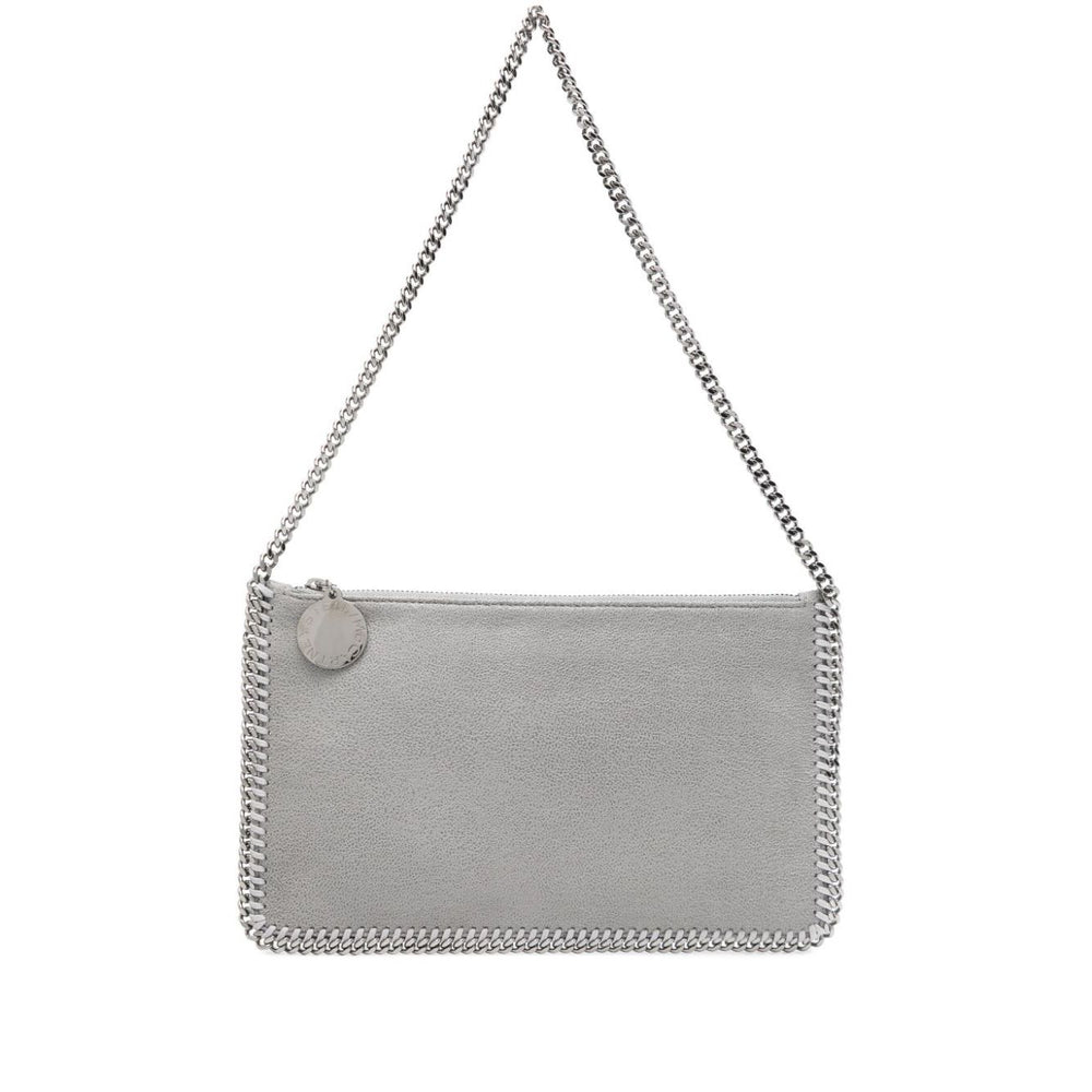 Stella McCartney Falabella Clutch Shoulder Bag in light grey faux suede with chain strap and whipstitch trim, front view.