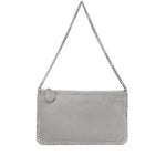Stella McCartney Falabella Clutch Shoulder Bag in light grey faux suede with chain strap and whipstitch trim, front view.