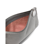 Interior view of Stella McCartney Falabella Clutch Shoulder Bag showing logo-jacquard lining and top zip fastening in light grey faux suede.