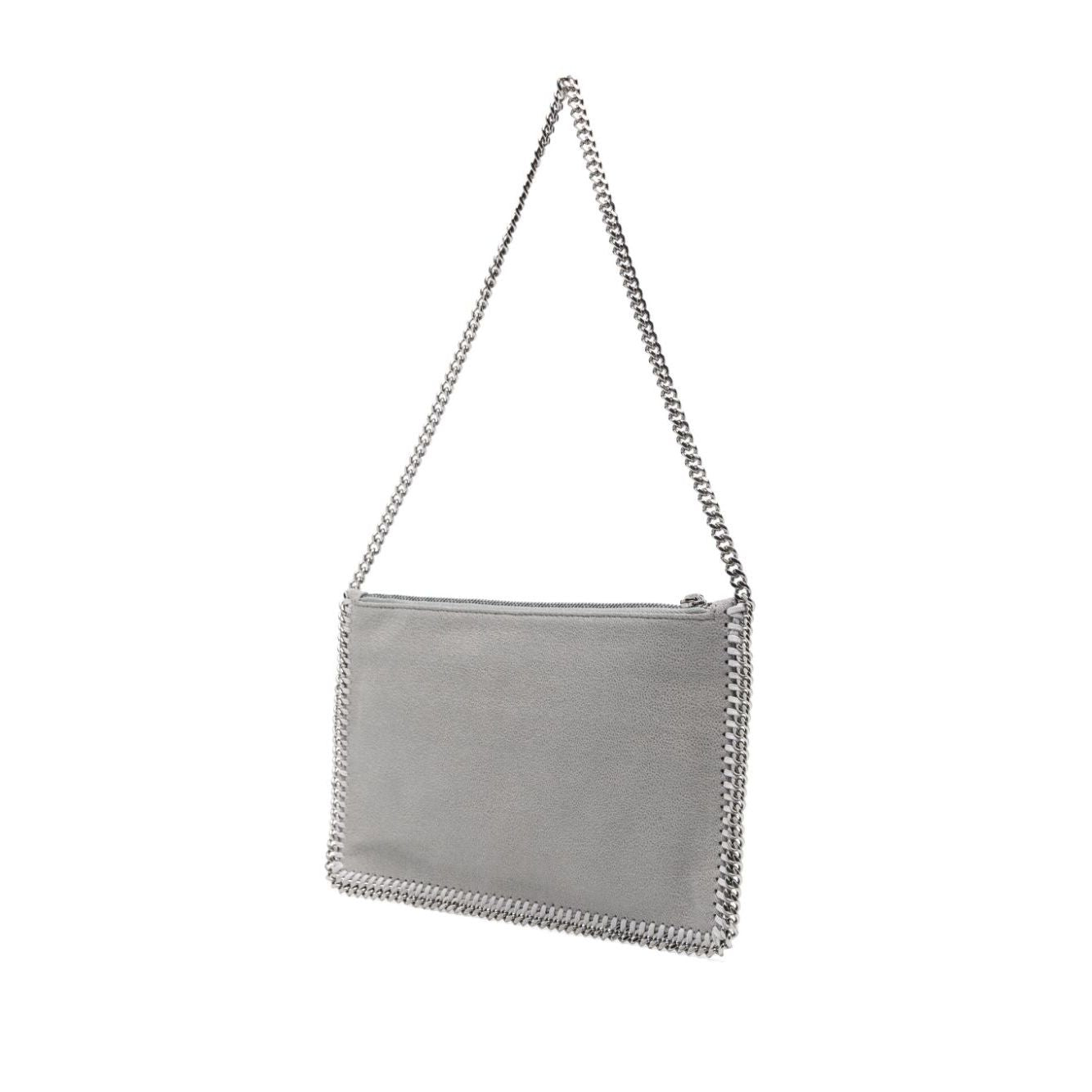 Light grey Stella McCartney Falabella Clutch Shoulder Bag with chain-link strap and whipstitch trim, 24cm width, 14cm height, 2cm depth.