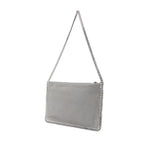 Light grey Stella McCartney Falabella Clutch Shoulder Bag with chain-link strap and whipstitch trim, 24cm width, 14cm height, 2cm depth.
