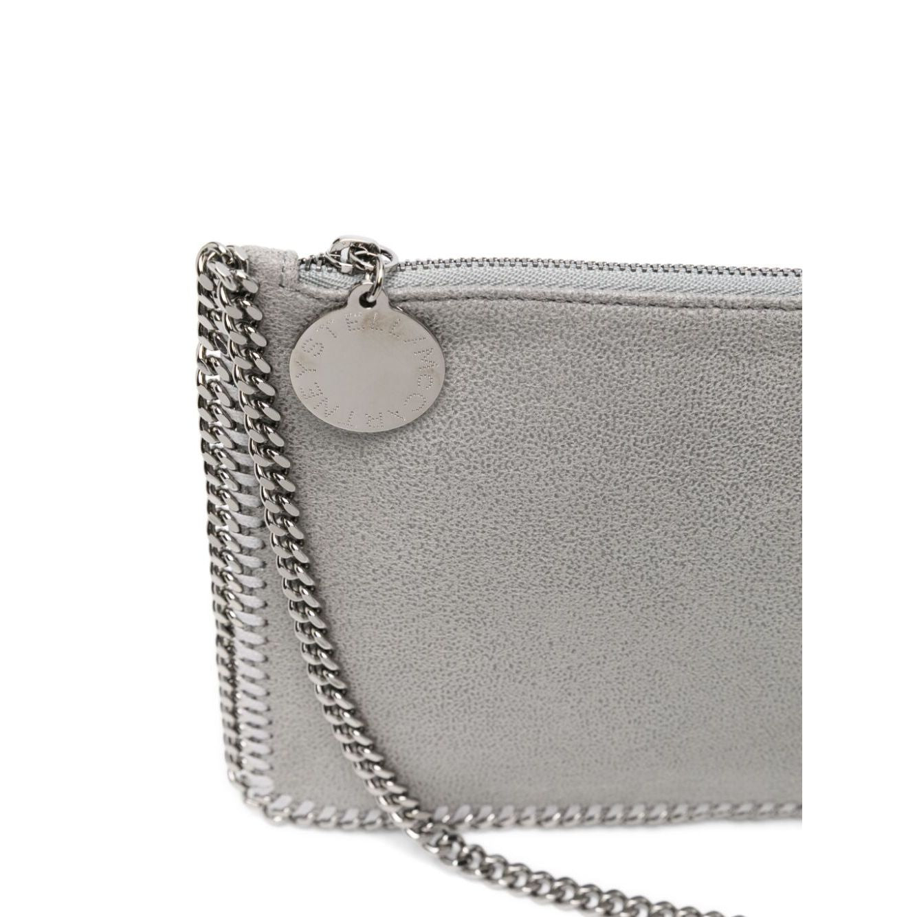 Stella McCartney Falabella Clutch Shoulder Bag in light grey faux suede with cracked effect, chain-link strap, zip fastening, and logo detail.