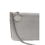 Stella McCartney Falabella Clutch Shoulder Bag in light grey faux suede with cracked effect, chain-link strap, zip fastening, and logo detail.