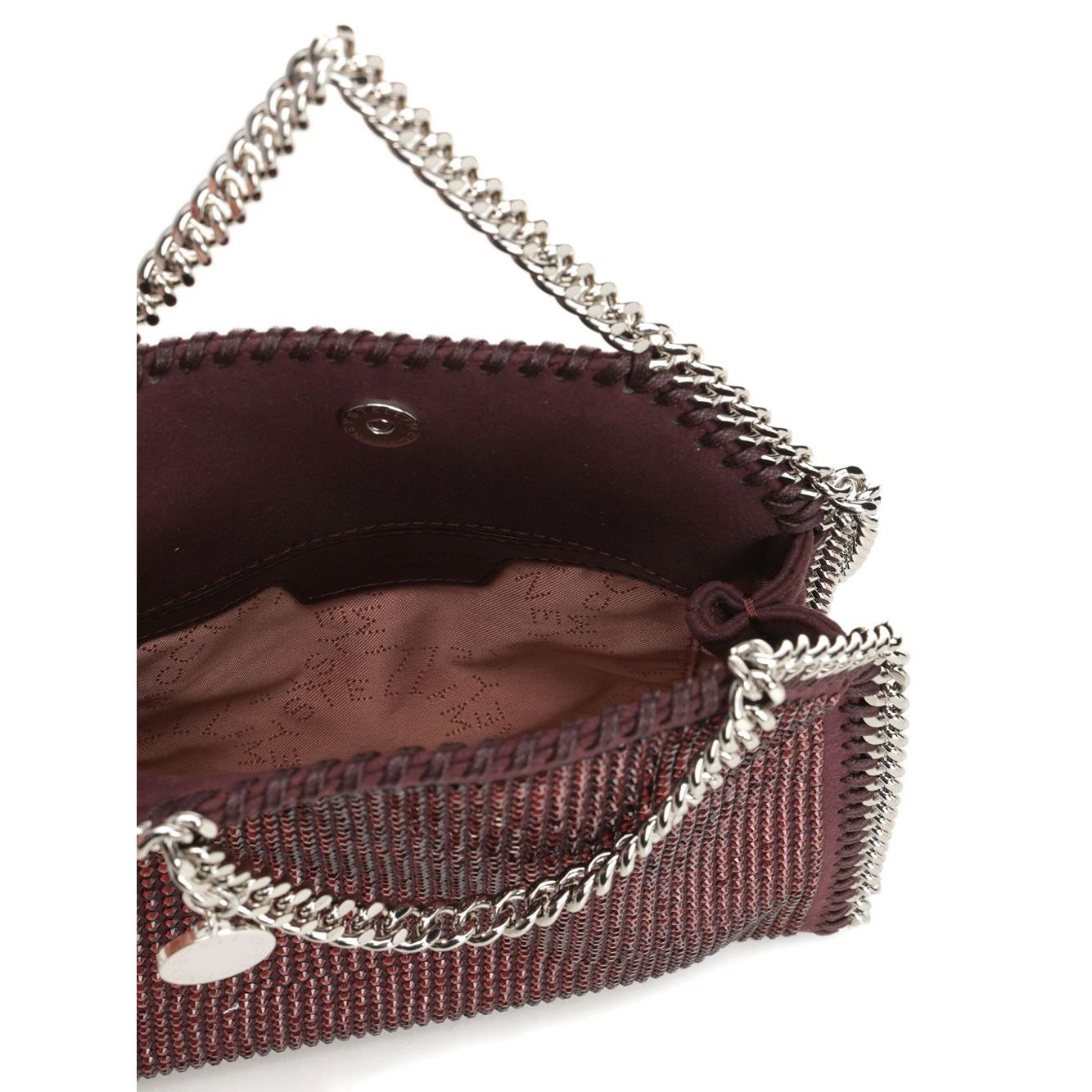 Stella McCartney Falabella Tiny crossbody bag with burgundy rhinestone embellishment and silver-tone chain detailing