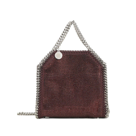Stella McCartney Falabella Tiny crossbody bag with burgundy rhinestone embellishment and silver-tone chain detailing.