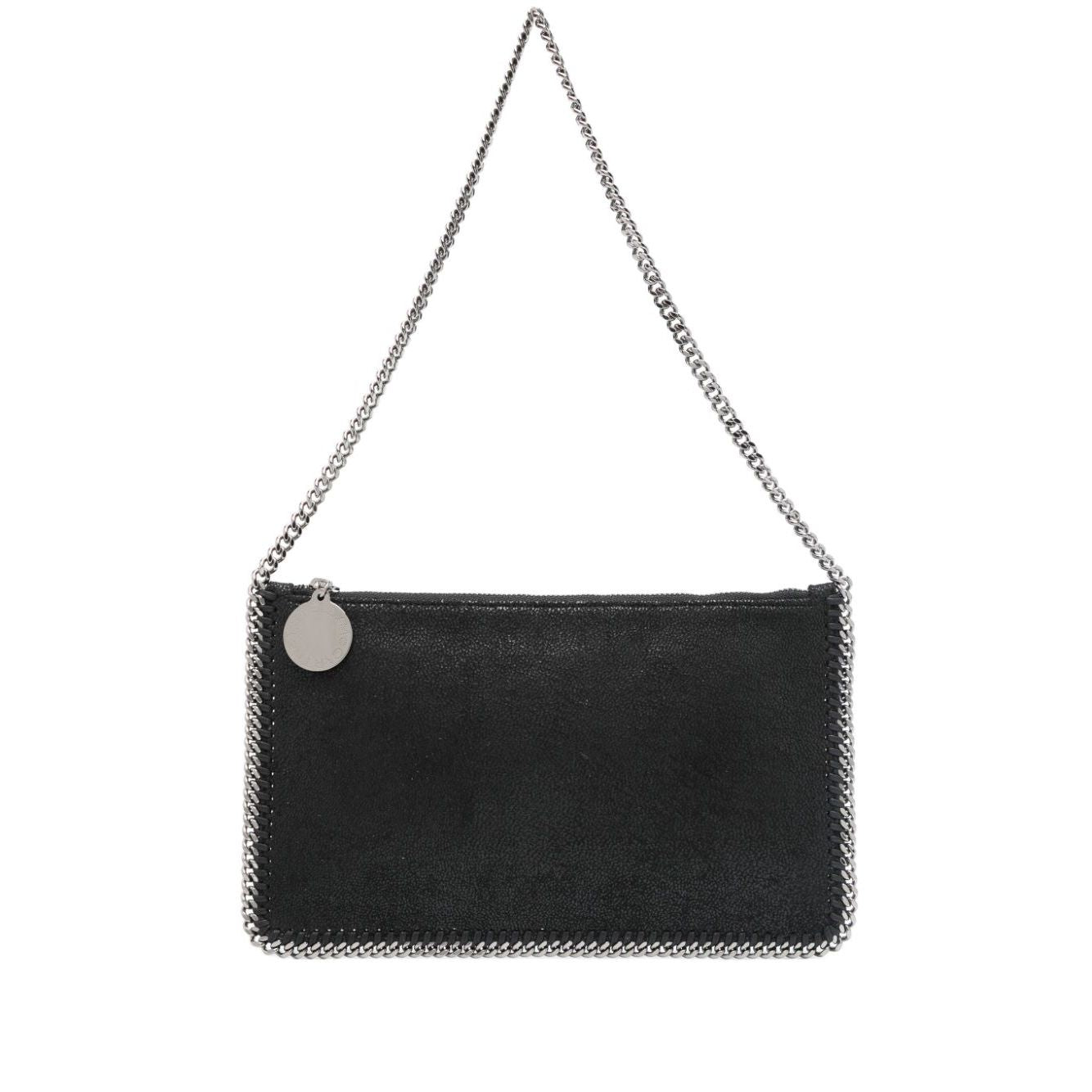 Stella McCartney Falabella clutch in black faux suede with chain-link strap and whipstitch trim.