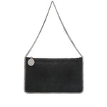 Stella McCartney Falabella clutch in black faux suede with chain-link strap and whipstitch trim.