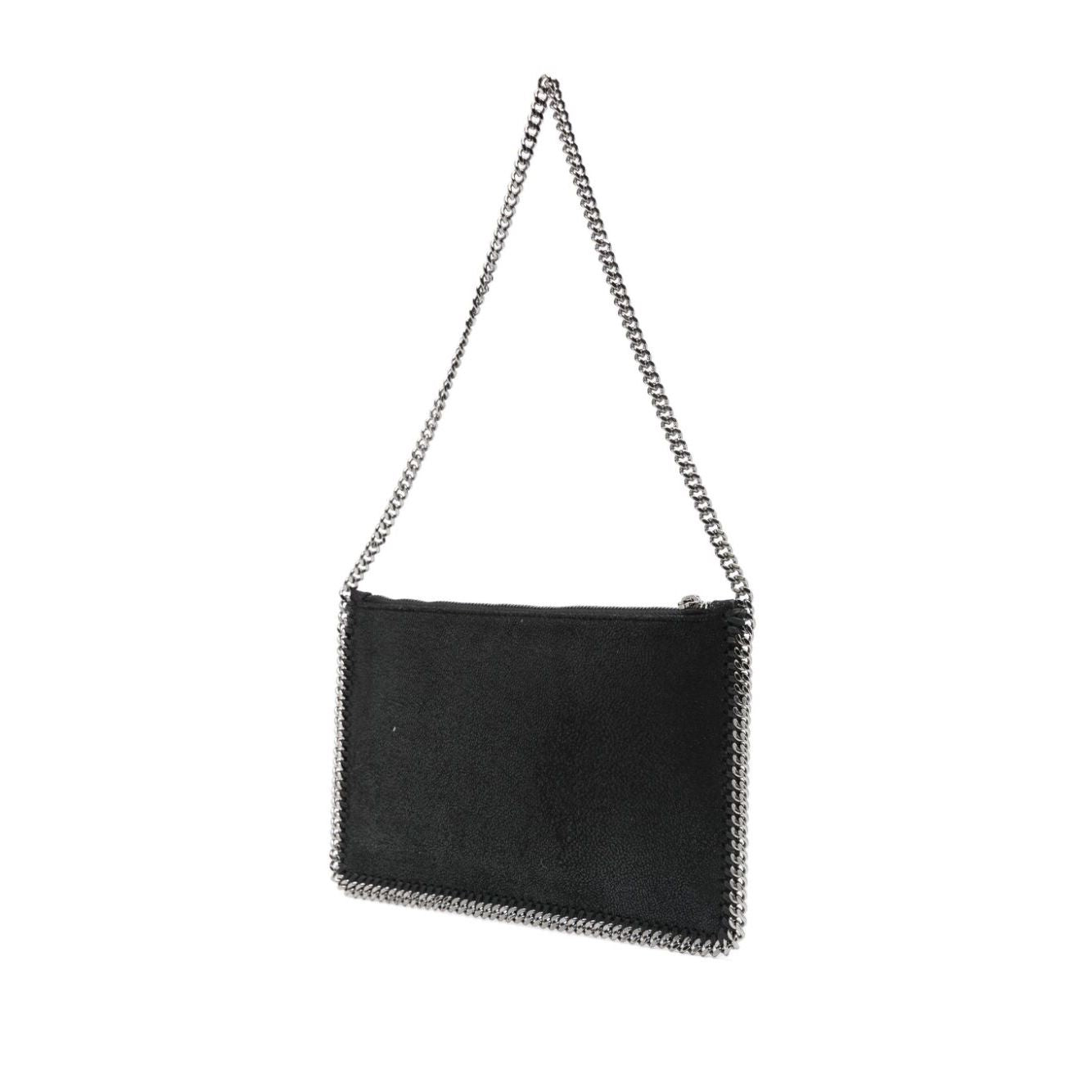 Black Stella McCartney Falabella clutch with chain-link strap and whipstitch trim in faux suede, featuring braided trim and protective dust bag.